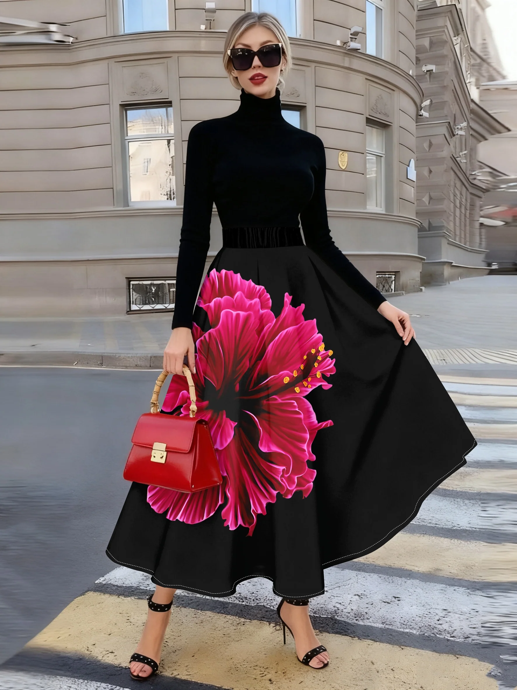 Jupe femme , fond noir quatre saisons avec motif de grandes fleurs – Image 5