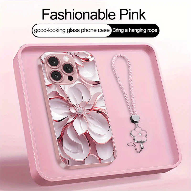 Coque de téléphone en verre plaqué avec motif floral et lanière,IPHONE – Image 6