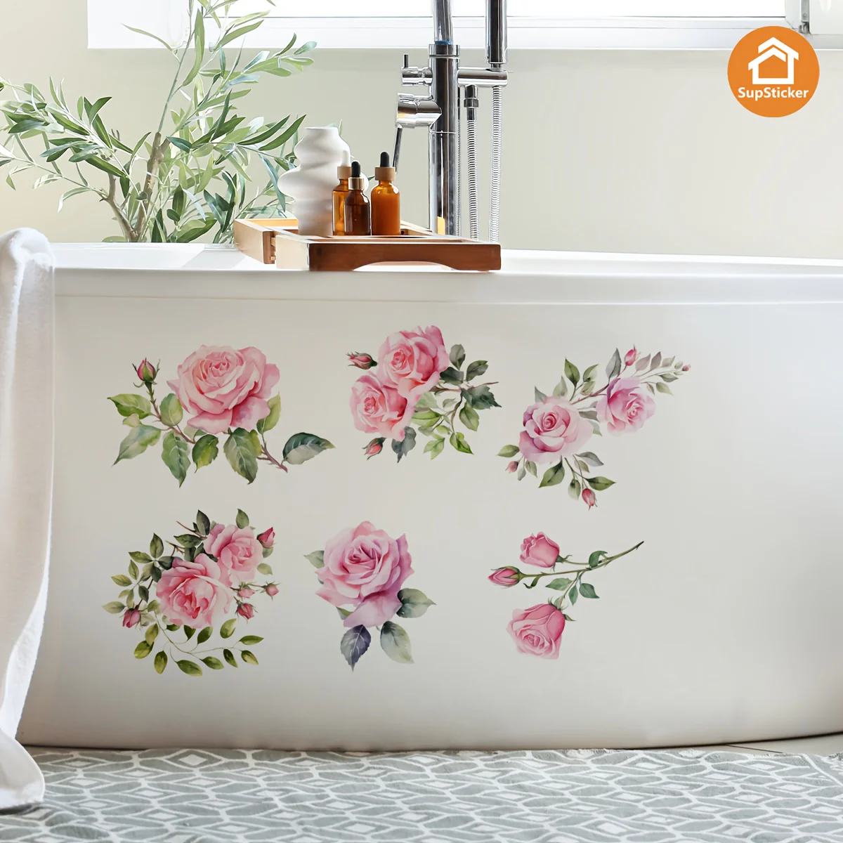 Sticker de baignoire autocollant à motif floral rose – Image 6