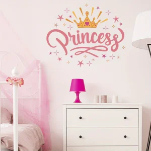 1 autocollant mural coloré avec couronne de princesse et lettrage