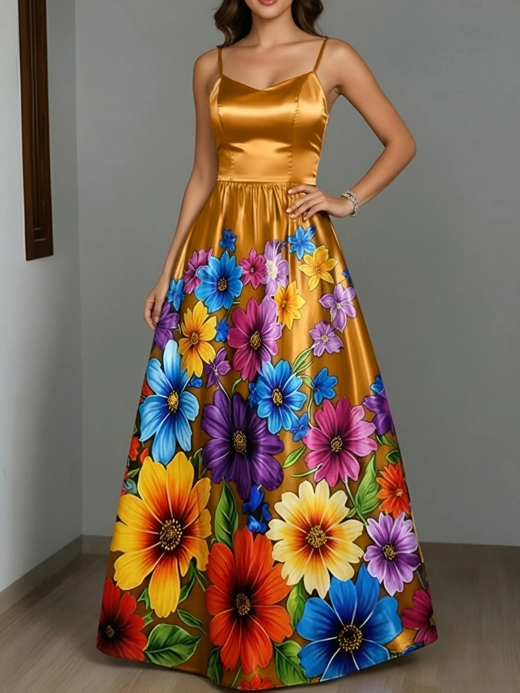 Robe élégante à bretelles spaghetti et imprimé floral – Image 5