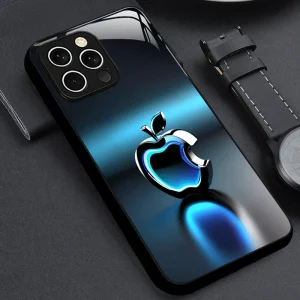 Coque en verre trempé avec logo Apple à effet lumineux bleu
