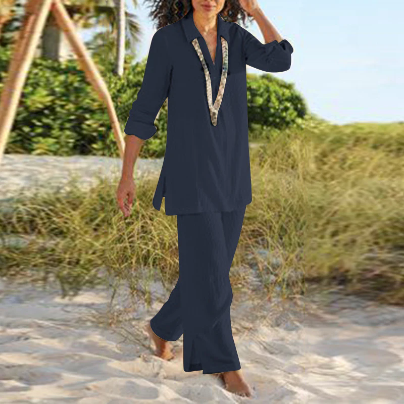 Costume pantalon rétro de style national de couleur unie en coton et lin – Image 4