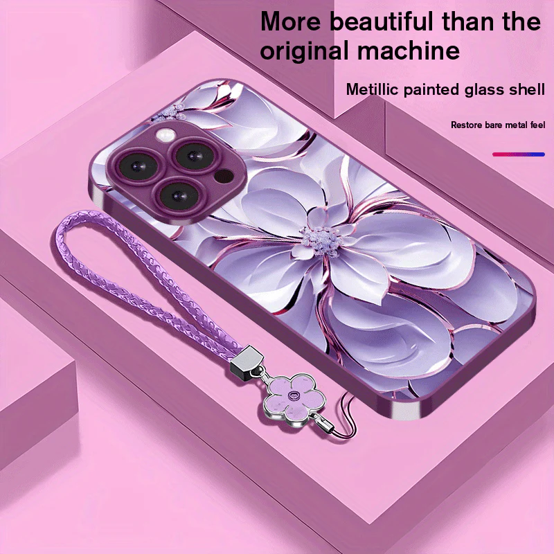 Coque de téléphone en verre plaqué avec motif floral et lanière,IPHONE – Image 5