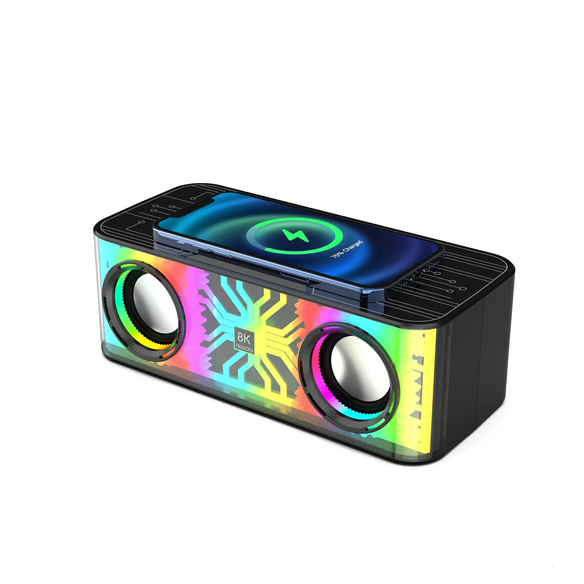 Enceinte Bluetooth lumineuse et colorée, double haut-parleur, chargeur sans fil – Image 6