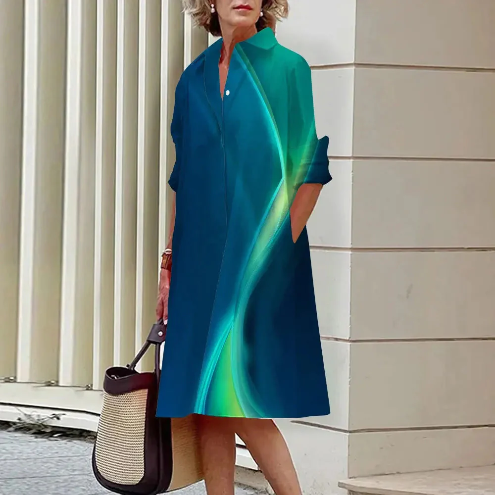 Chemise femme à manches longues, couleur unie, robe mi-longue simple – Image 4