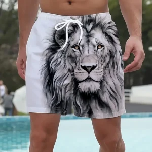 Short de bain homme à imprimé lion fantaisie, style décontracté