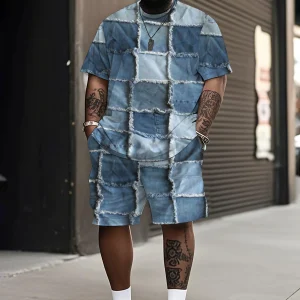 Ensemble t-shirt et short en denim patchwork, motif unique