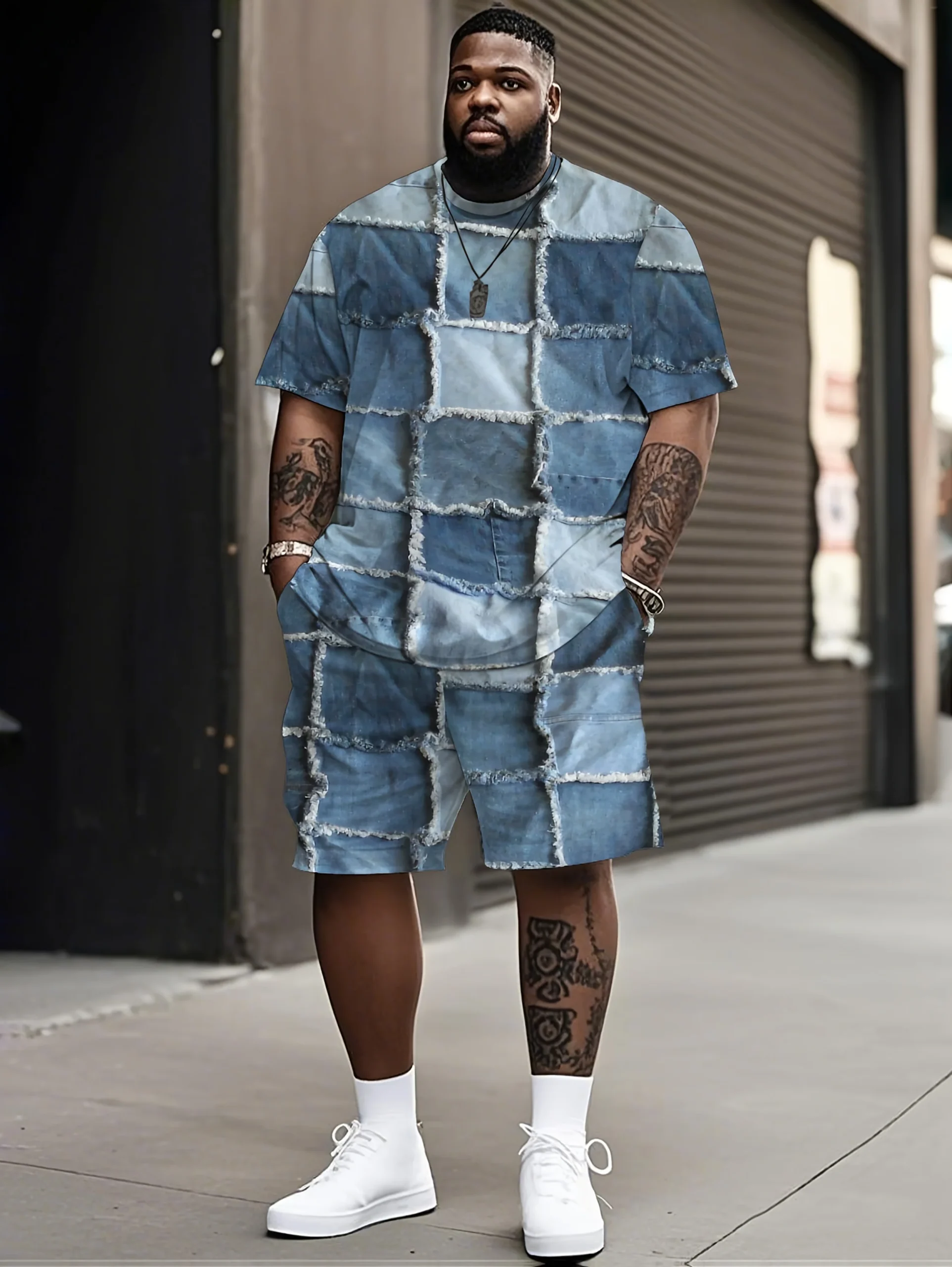 Ensemble t-shirt et short en denim patchwork, motif unique