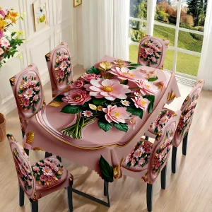 7 pièces Superbe ensemble de nappe rectangulaire + housse de chaise