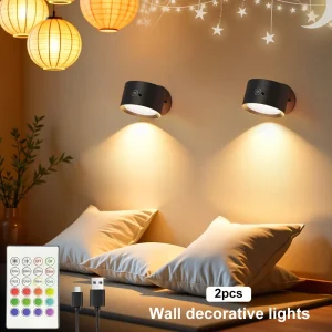 Lot de 2 appliques murales LED d'ambiance, 12 RVB + 2 couleurs, rotation à 360 °