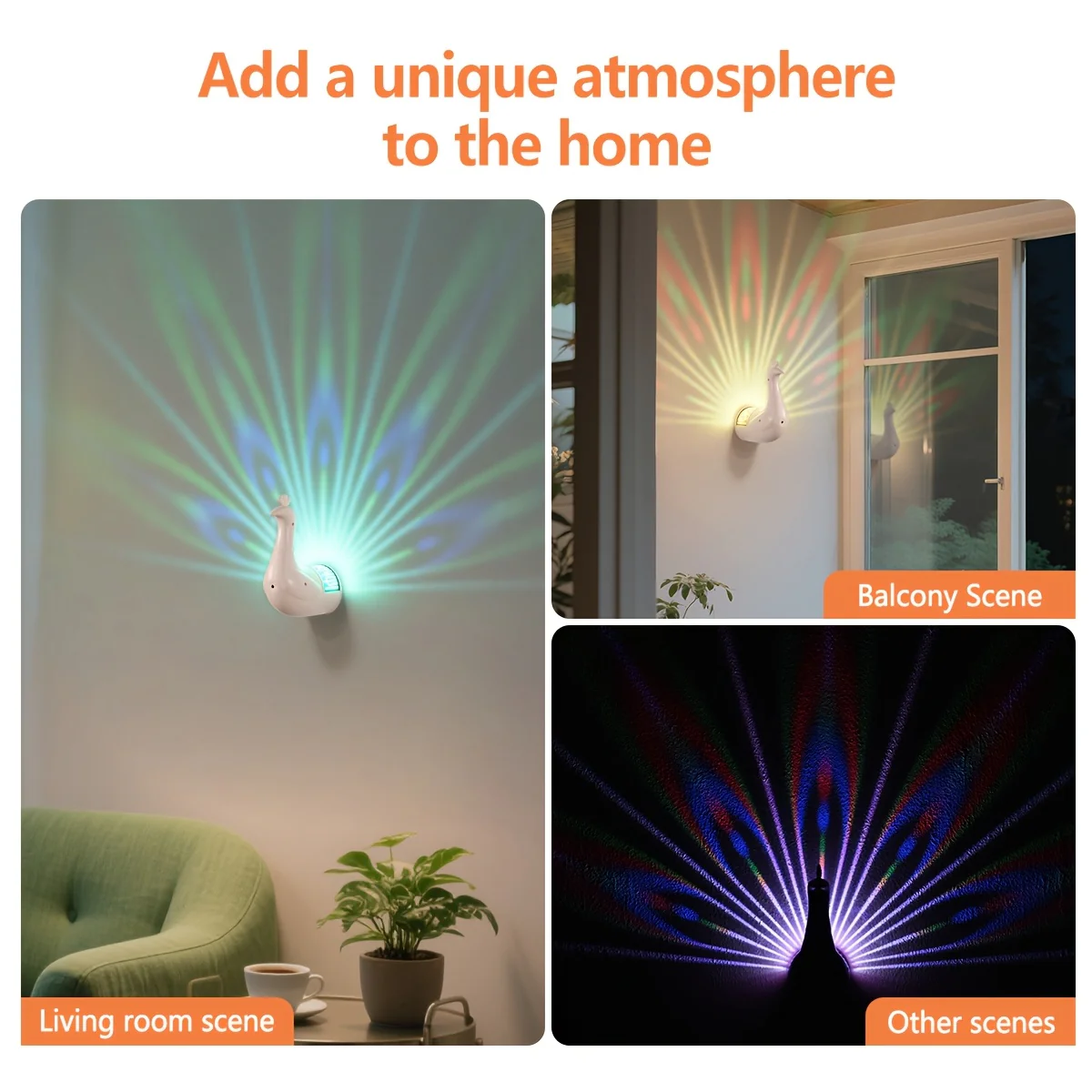 Applique murale Paon en plastique 3D indépendante, 16 couleurs réglables pour différentes pièces - Éclairage sur le thème des animaux avec commande tactile et télécommande, batterie rechargeable – Image 7