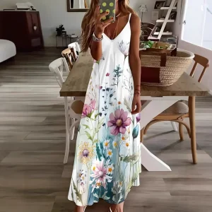 Robe longue sans manches pour femme, imprimée