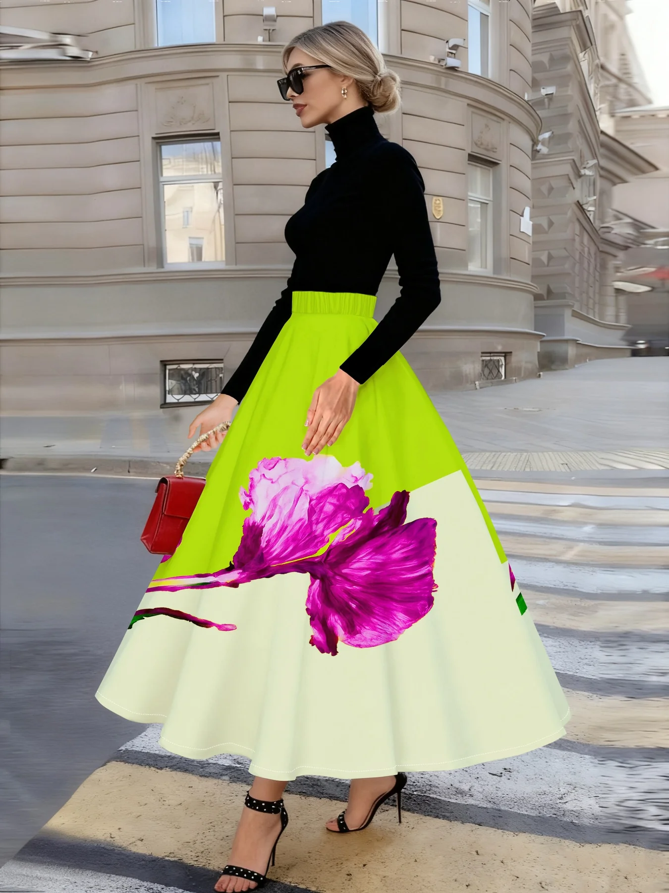 Jupe mi-longue élégante pour femme, imprimée de fleurs et d'orchidées roses – Image 5