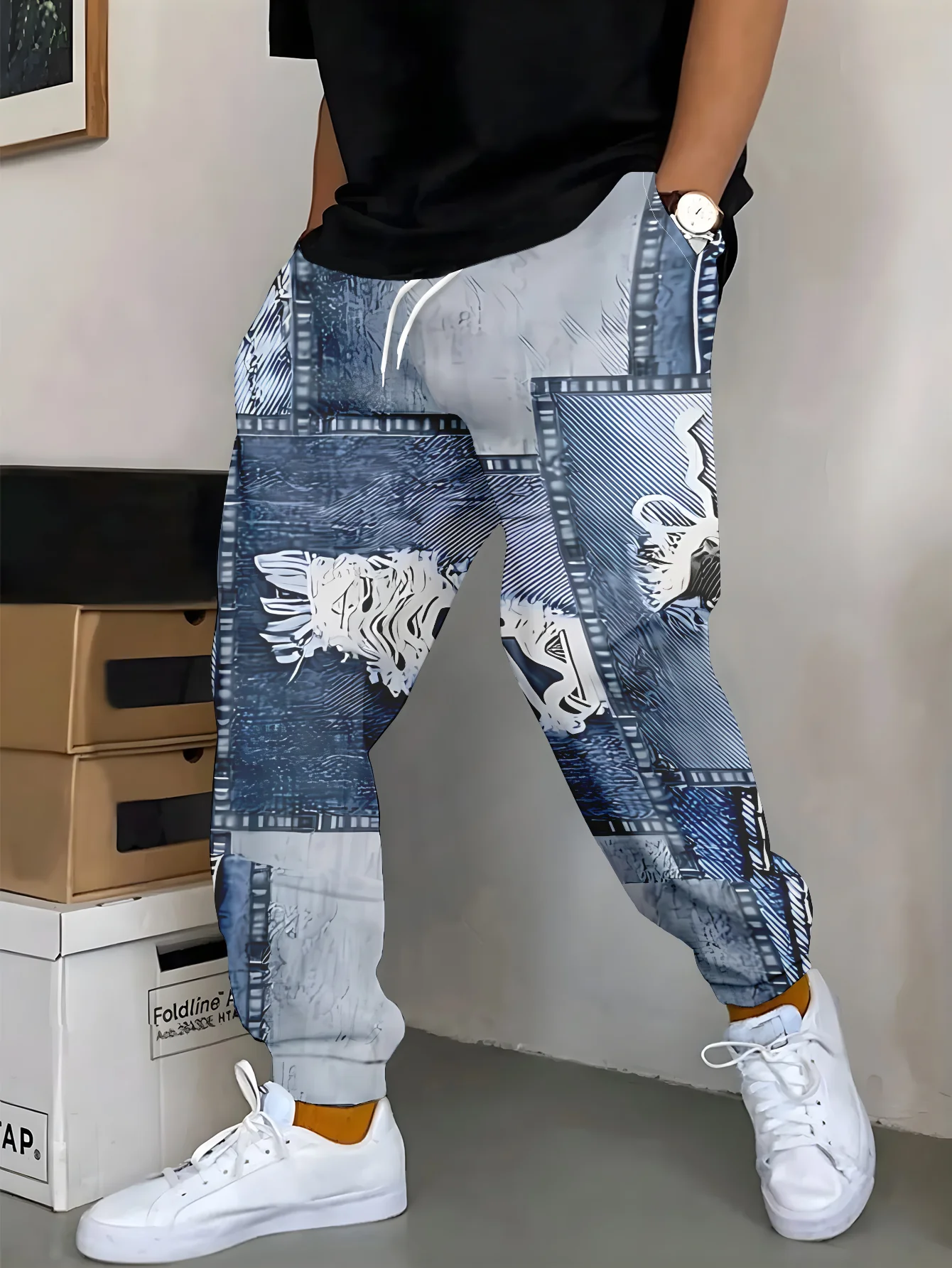 Pantalon de jogging homme en denim patchwork délavé avec ourlet effiloché et poches déchirées - Polyester stretch