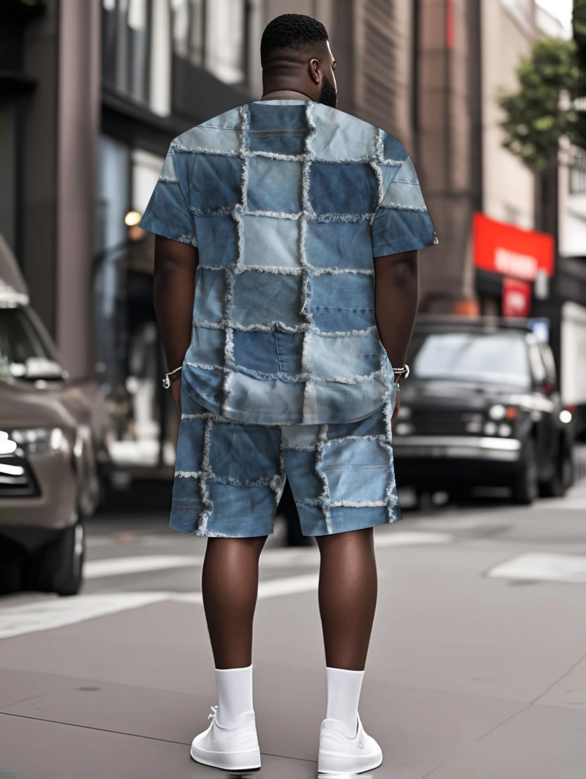 Ensemble t-shirt et short en denim patchwork, motif unique – Image 3