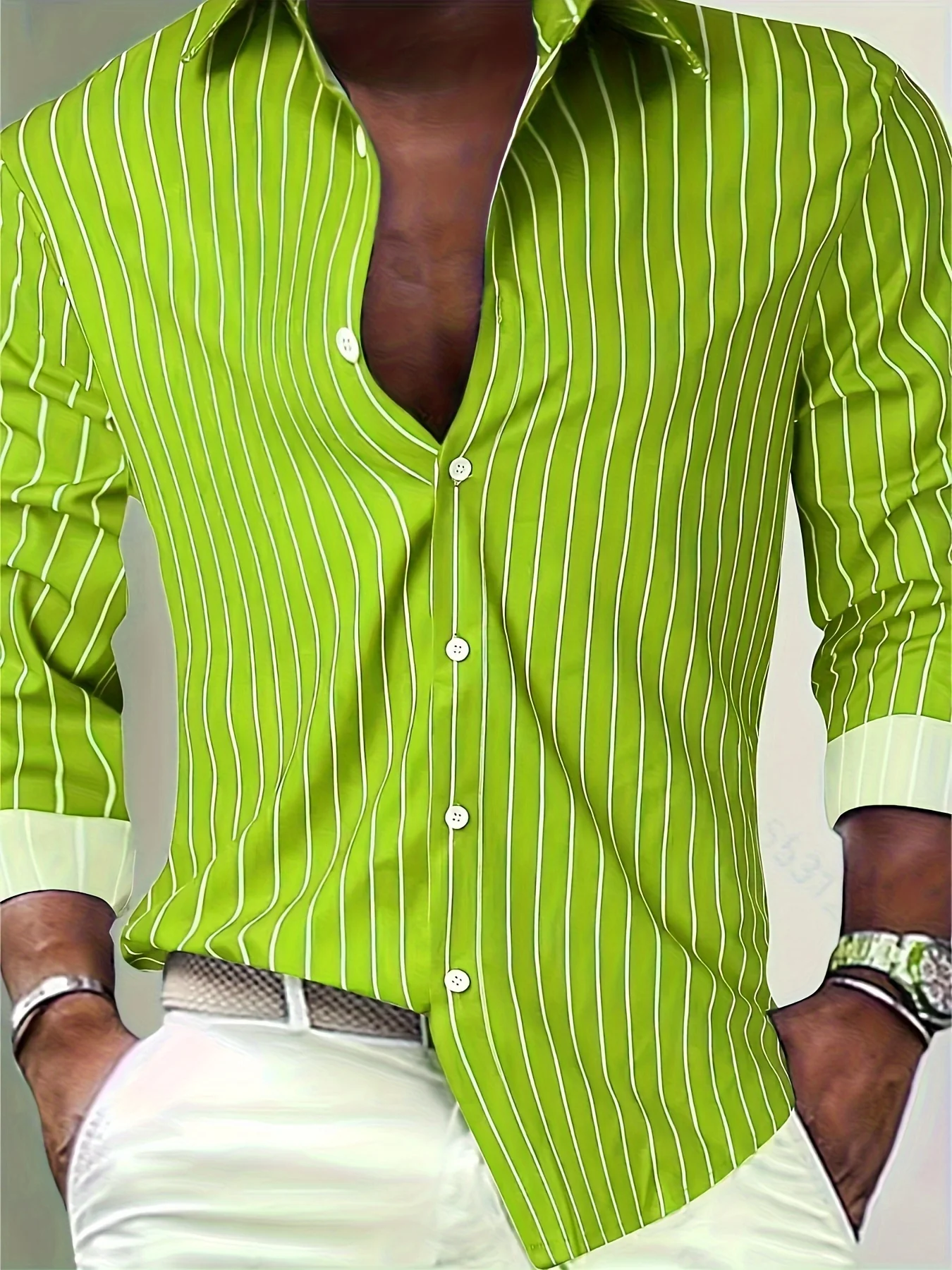 Chemise boutonnée à manches longues et rayures décontractée pour homme – Image 3