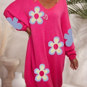 Robe en maille à motifs floraux grande taille, robe décontractée