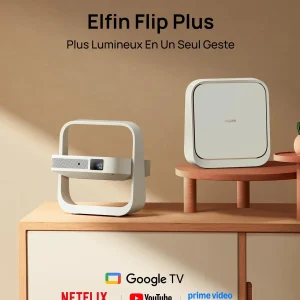 Vidéoprojecteur Portable XGIMI Elfin Flip Plus, 500 Lumens ISO, 1080P, Compatible avec Google TV avec Netflix sous Licence, Rotation à 150°, 2 x Haut-Parleur 3 W intégrés, Wi-FI, Bluetooth