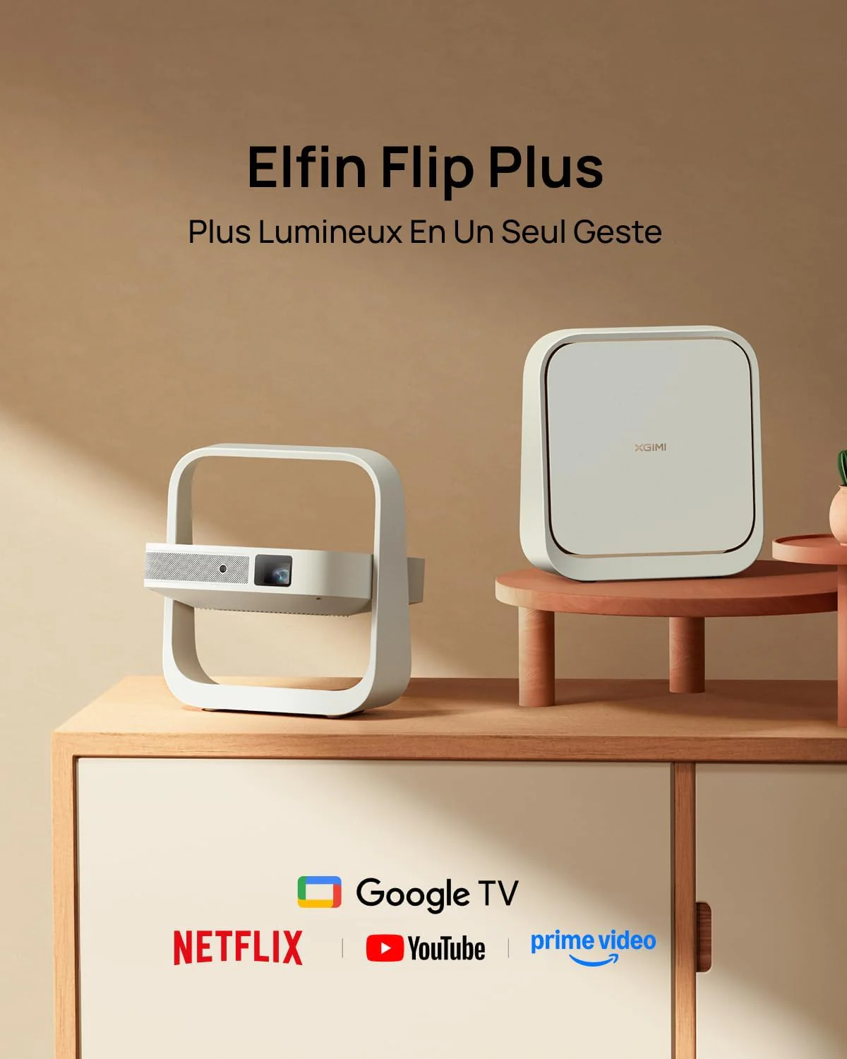 Vidéoprojecteur Portable XGIMI Elfin Flip Plus, 500 Lumens ISO, 1080P, Compatible avec Google TV avec Netflix sous Licence, Rotation à 150°, 2 x Haut-Parleur 3 W intégrés, Wi-FI, Bluetooth