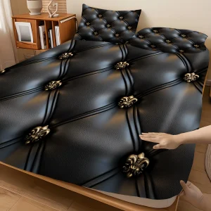 Ensemble de drap-housse capitonné 3 pièces, motif cuir noir avec boutons dorés