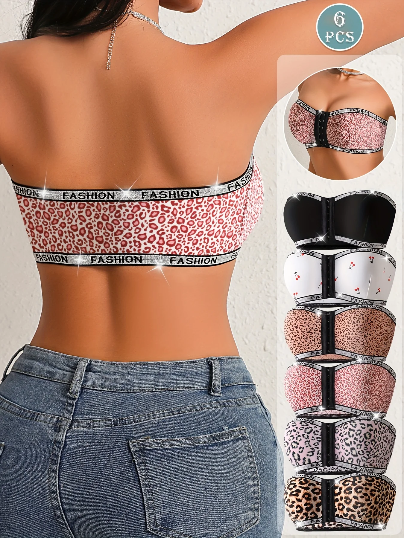Ensemble de 6 soutiens-gorge sans bretelles à imprimé léopard – Image 3