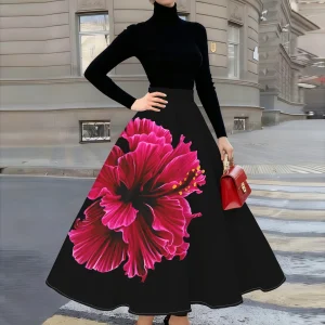 Jupe femme , fond noir quatre saisons avec motif de grandes fleurs