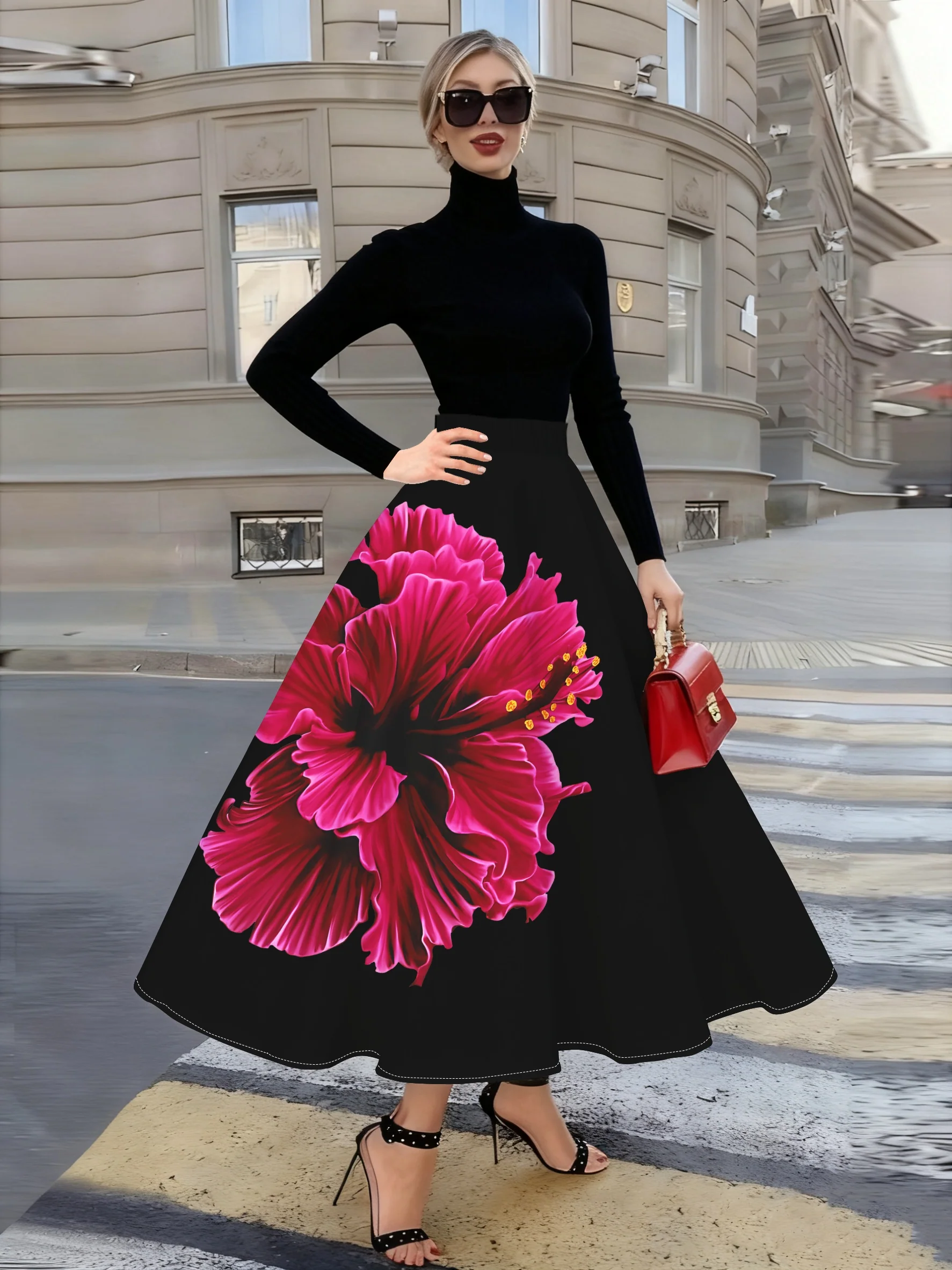 Jupe femme , fond noir quatre saisons avec motif de grandes fleurs – Image 2