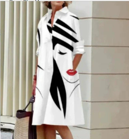 Chemise femme à manches longues, couleur unie, robe mi-longue simple – Image 3