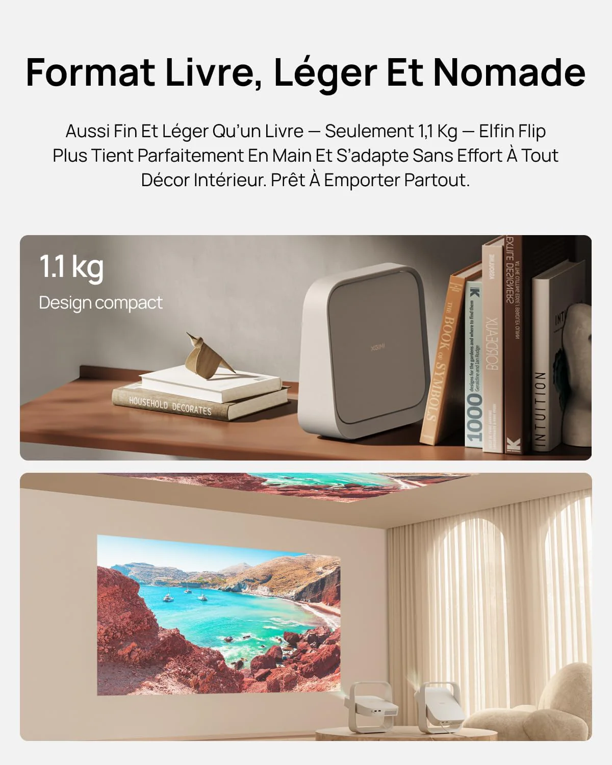 Vidéoprojecteur Portable XGIMI Elfin Flip Plus, 500 Lumens ISO, 1080P, Compatible avec Google TV avec Netflix sous Licence, Rotation à 150°, 2 x Haut-Parleur 3 W intégrés, Wi-FI, Bluetooth – Image 8