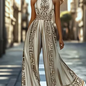 Combinaison élégante vintage sans manches à col rond