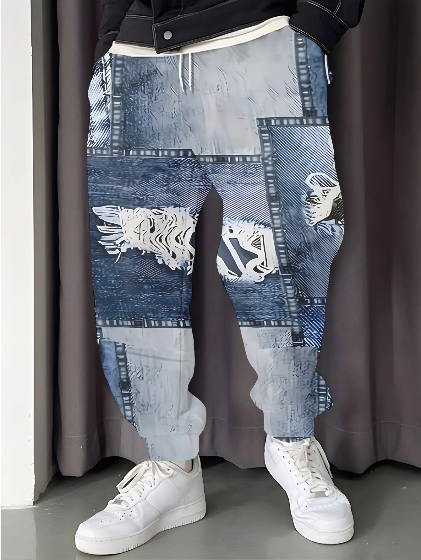 Pantalon de jogging homme en denim patchwork délavé avec ourlet effiloché et poches déchirées - Polyester stretch – Image 4