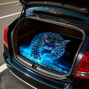 Tapis de coffre de voiture en fibre de polyester imprimé guépard bleu