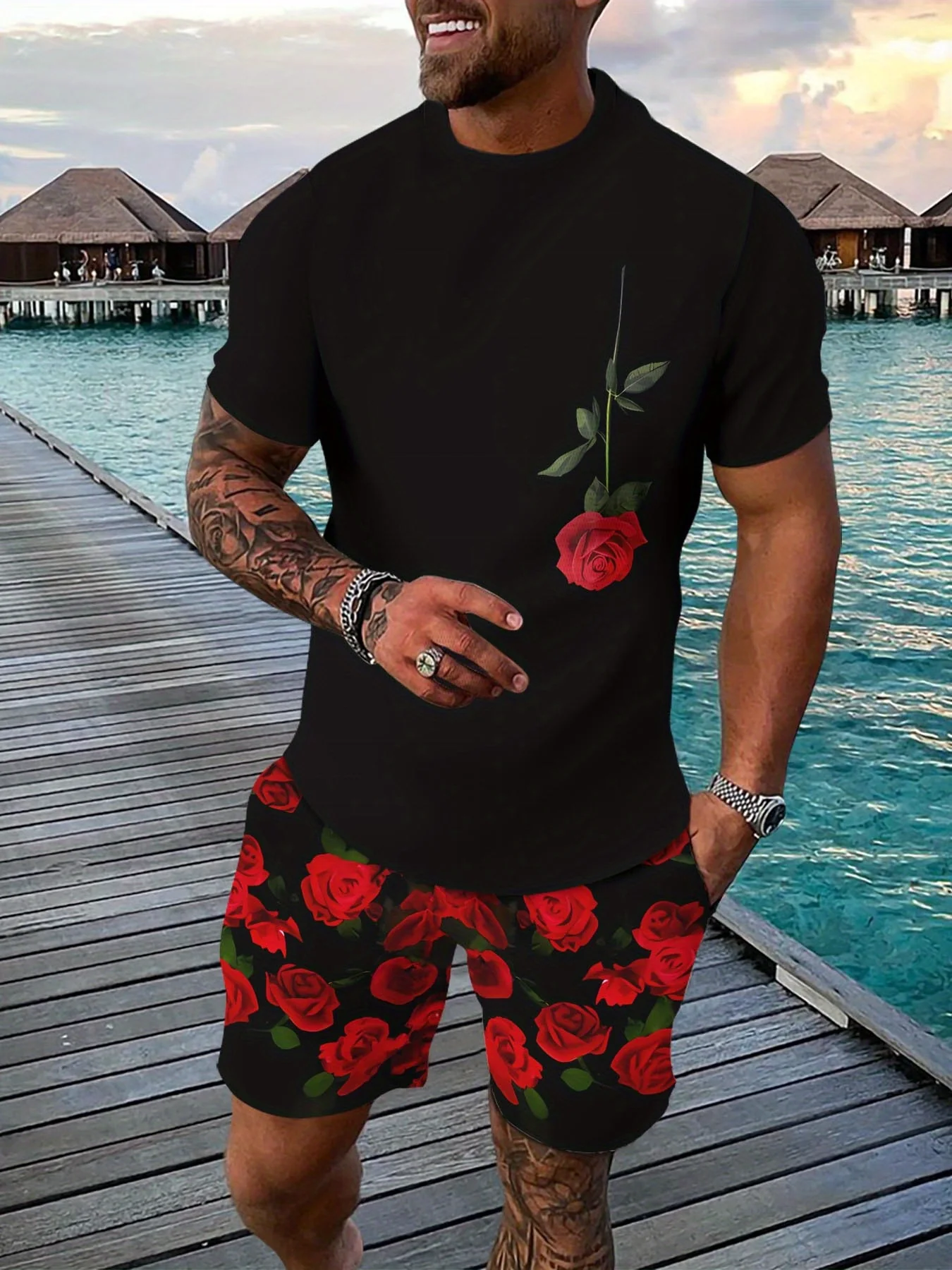 Ensemble t-shirt et short d'été imprimés en 3D pour hommes