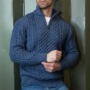 Eduardo - Pull homme à demi-fermeture éclair Old Money en maille torsadée - Bleu / Vert / Beige