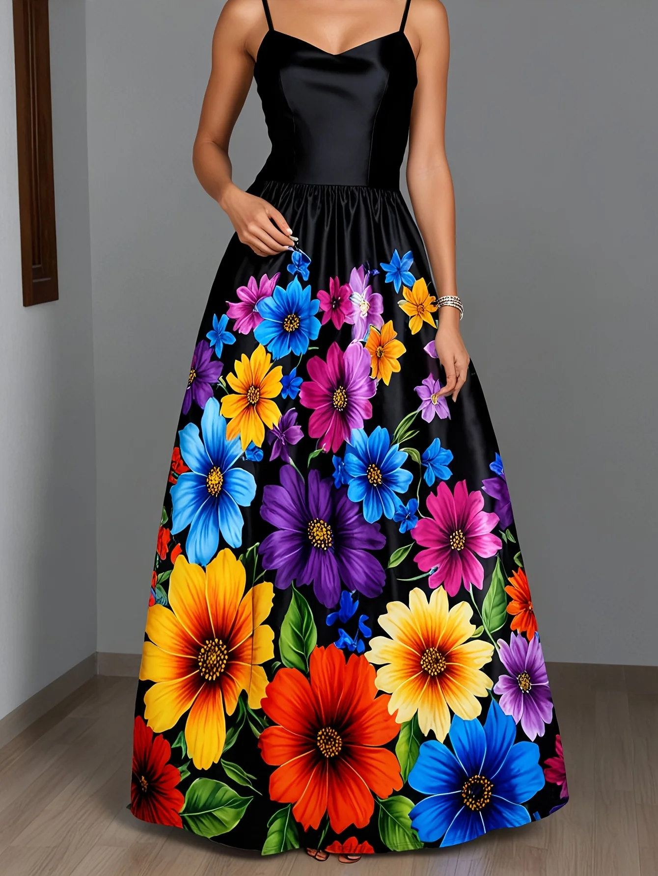 Robe élégante à bretelles spaghetti et imprimé floral – Image 2