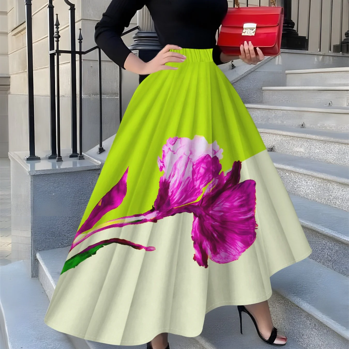 Jupe mi-longue élégante pour femme, imprimée de fleurs et d'orchidées roses – Image 7