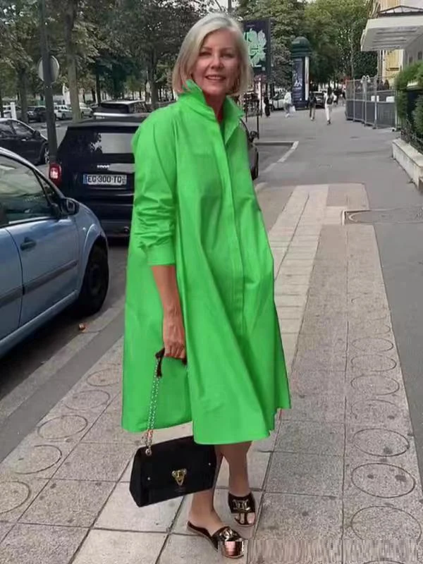 Chemise femme à manches longues, couleur unie, robe mi-longue simple – Image 9