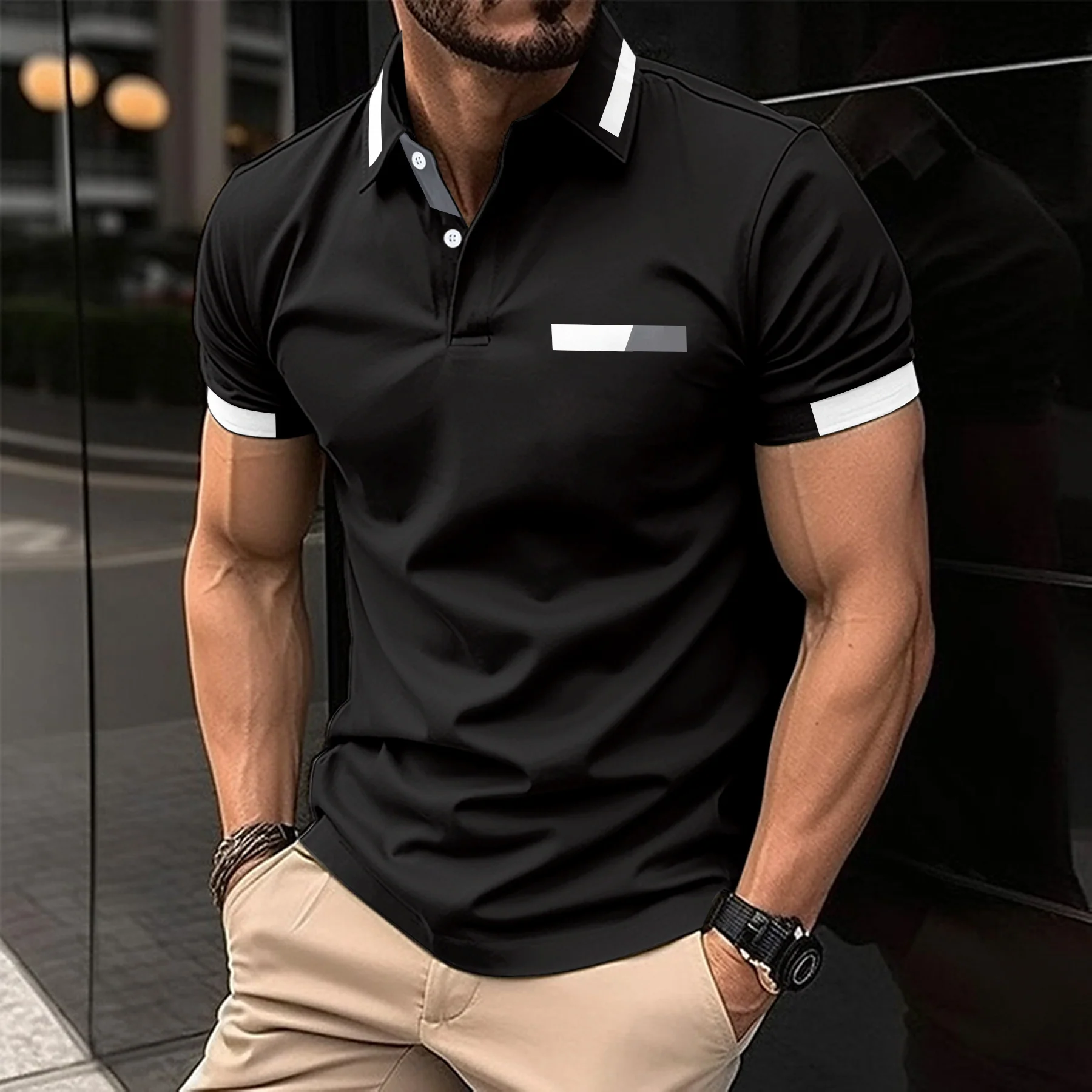 Polo décontracté pour homme, fausse poche poitrine, revers boutonné, style business – Image 8