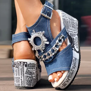 Sandales compensées chics pour femmes avec boucle strass - Bout ouvert, talons hauts, chaussures mode pour l'extérieur et les soirées