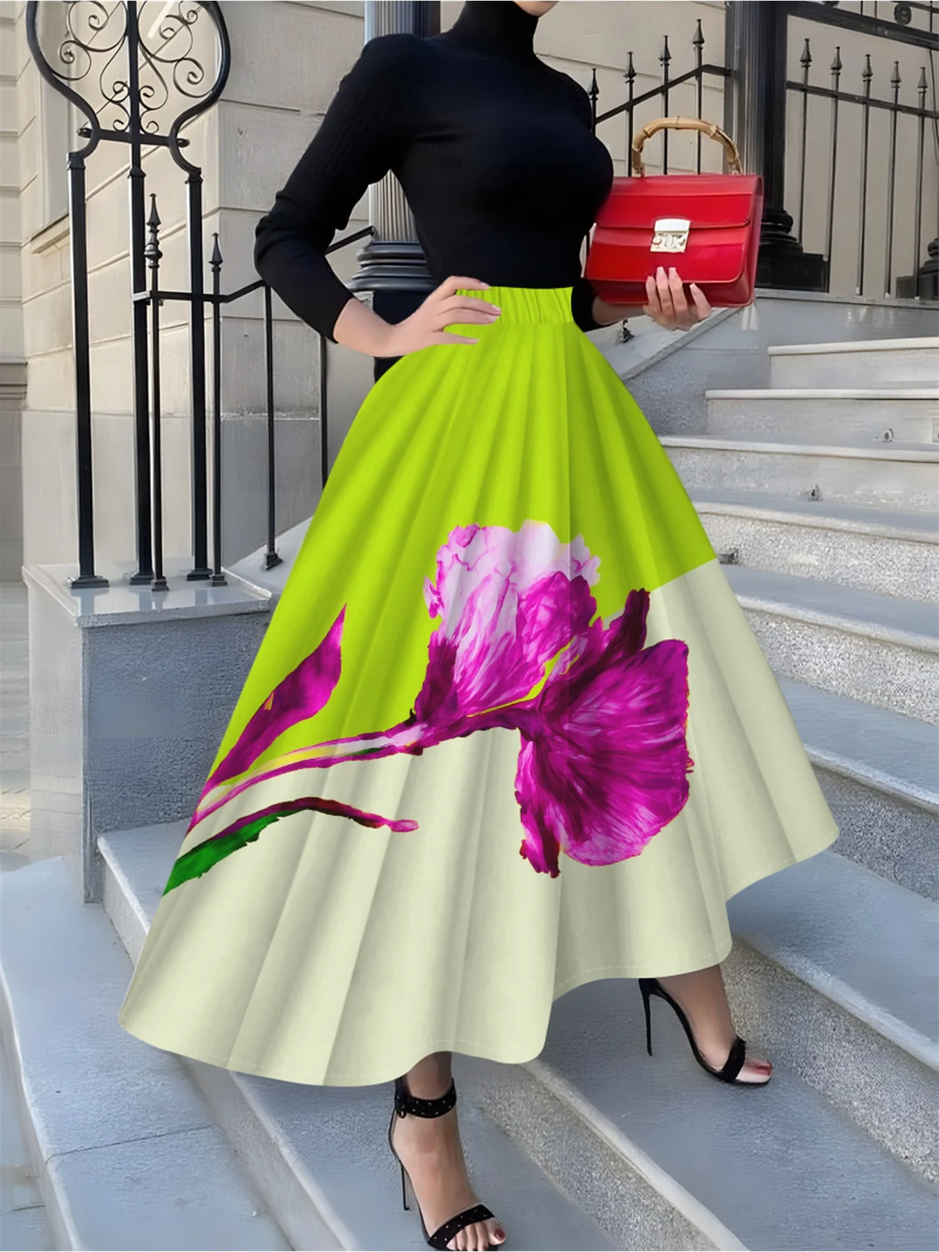 Jupe mi-longue élégante pour femme, imprimée de fleurs et d'orchidées roses – Image 3