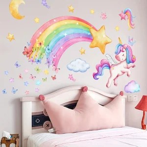 1pc Whimsical Rainbow Unicorn & Butterfly Wall Decals - Vibrant, Self-Adhesive Bedroom Stickers, Easy to Apply, No Power Needed, Perfect for Girls' Room Decor