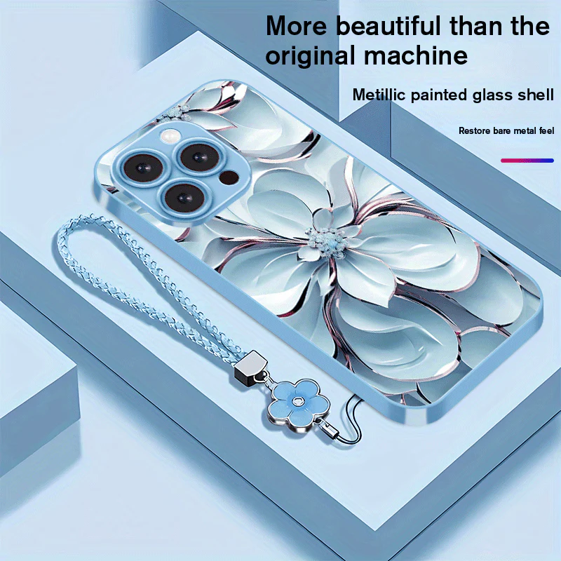 Coque de téléphone en verre plaqué avec motif floral et lanière,IPHONE – Image 4