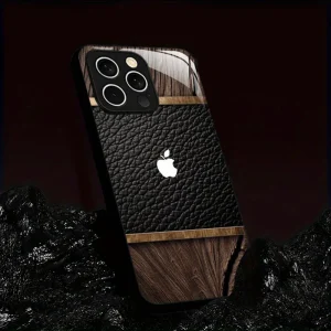 Étui en bois, cuir et verre blanc avec logo Apple pour iPhone