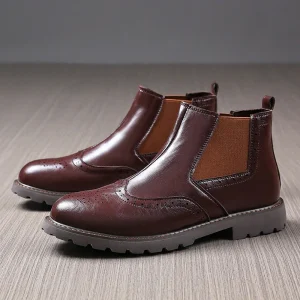 Bottines Chelsea pour Hommes – Cuir PU Marron – Brogue à Profilé avec Semelle Structurée
