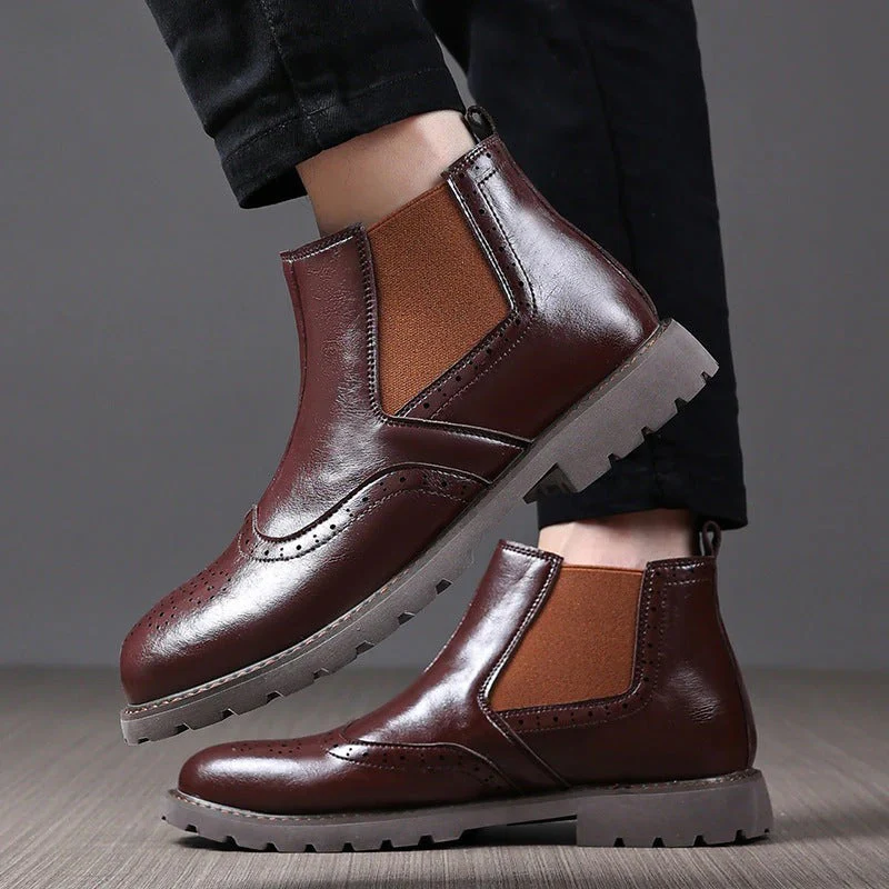 Bottines Chelsea pour Hommes – Cuir PU Marron – Brogue à Profilé avec Semelle Structurée – Image 3