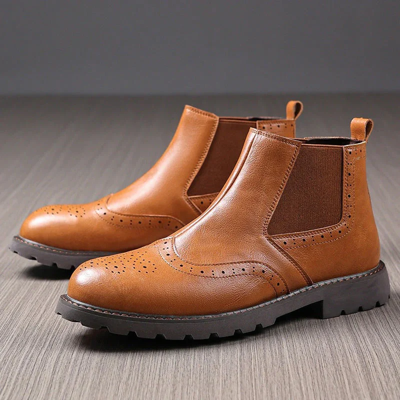 Bottines Chelsea pour Hommes – Cuir PU Marron – Brogue à Profilé avec Semelle Structurée – Image 5