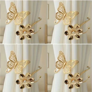 4 pièces attaches rideaux premium en métal avec design floral et papillons ajourés