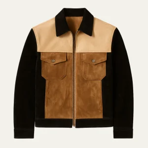 Veste en Suède pour Homme – Design Colourblock en Marron & Beige – Veste en Cuir Stylée