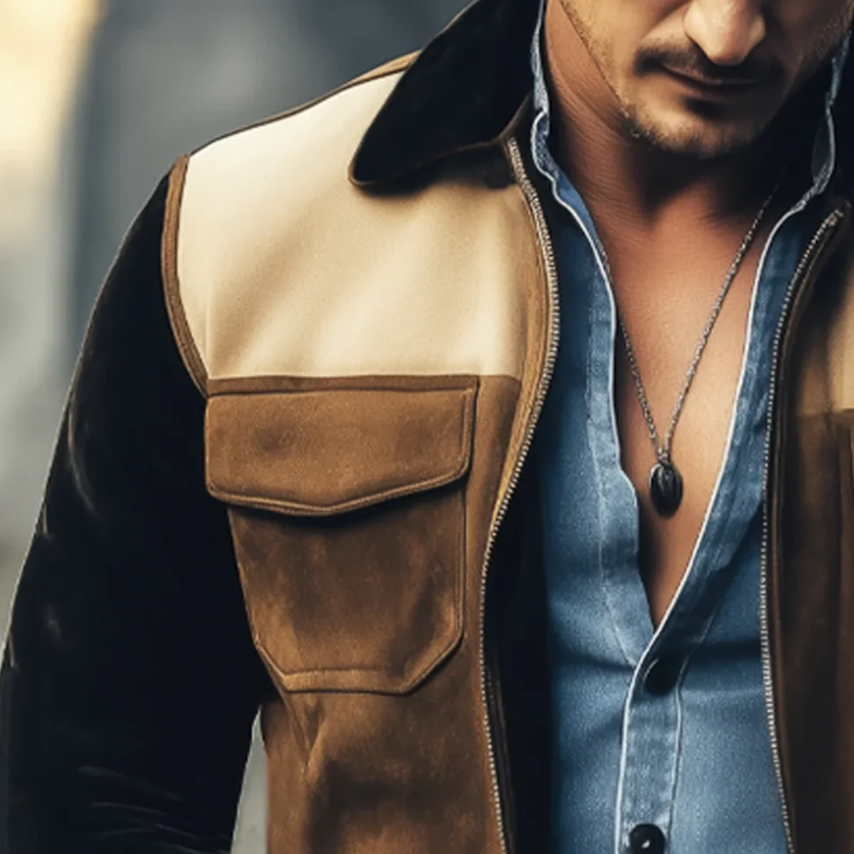 Veste en Suède pour Homme – Design Colourblock en Marron & Beige – Veste en Cuir Stylée – Image 4